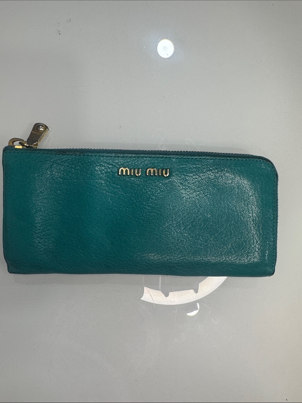 Miu Miu Teal Zip-Around Leather Wallet with Gold Logo